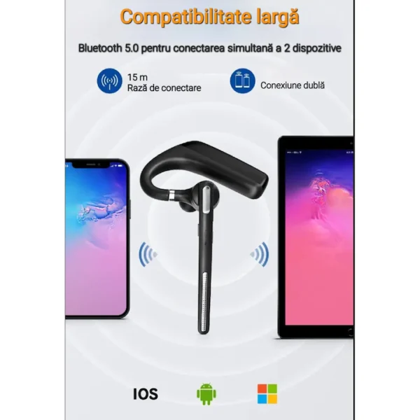 Casca Bluetooth Wireless CerCip G6, Autonomie 110 ore, Anulare zgomot fundal, Multipoint