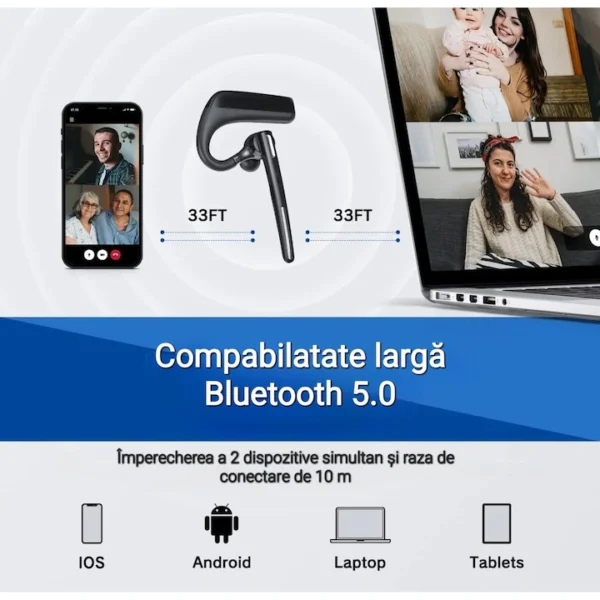 Casca Bluetooth Wireless CerCip G6, Autonomie 110 ore, Anulare zgomot fundal, Multipoint