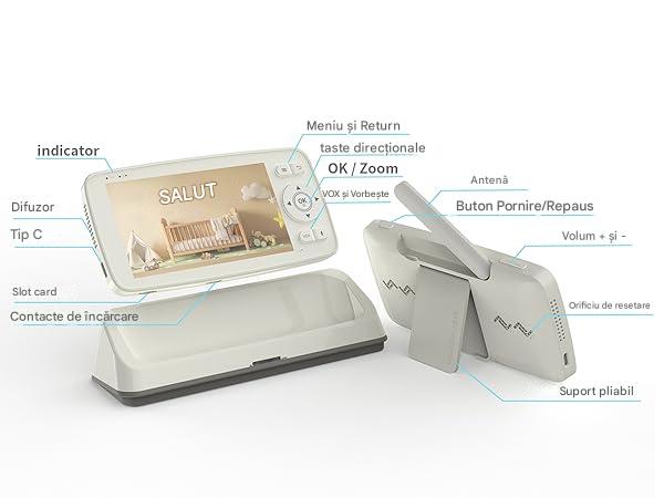 Camera Video pentru Bebelusi 2 in 1 KB11, Baby Monitor si Telefon, Detectie Miscare/Sunet,  Temperatura, Umiditate, Cantece, Cloud + SD, Senzor nocturn, LCD, Wireless, 3MP