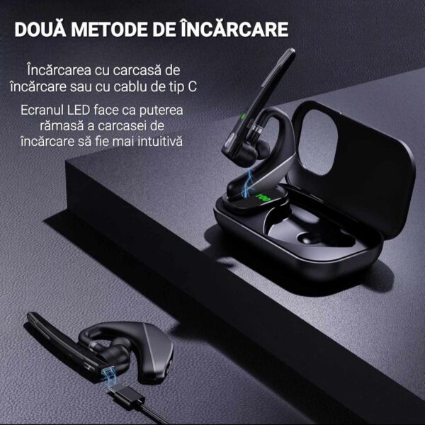 Casca Bluetooth CerCip A6L, Autonomie baterie 25 ore, Carcasa de incarcare, Anulare zgomot, Multipoint