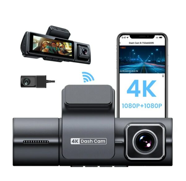 Camera Auto TRIPLA 4K UHD, Inclus Card 64GB + Kit 24 ore, Camera spate + interior 1080P Full HD, Incorporat Wi-Fi & GPS, WDR, Vedere nocturna, Inregistrare in bucla, Detectare Miscare, G-Sensor, Display 3.2 inch, 3 lentile, Negru