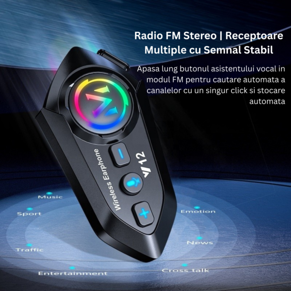 19 Casca Bluetooth Moto CerCip Y12 Pro, Intercom pentru 2 persoane, Autonomie 20 ore, Rezistenta la apa, Anulare zgomot, Muzica share, Raspuns Automat