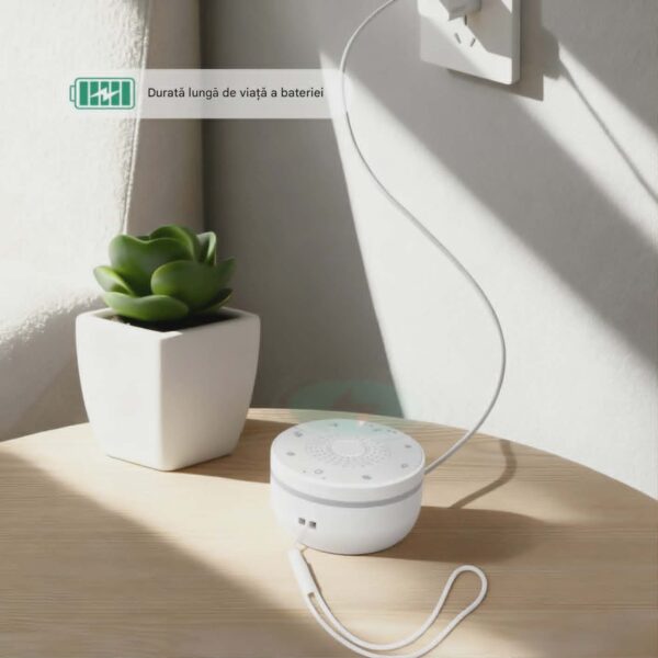 Boxa Portabila cu Sunete Albe pentru Bebelusi CerCip WN02, Baterie 30 ore, Lumina RGB 5 culori, Reîncărcabila, 30 sunete, Temporizator, Culoare alb