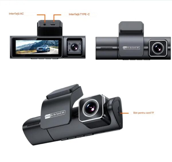 Camera Auto TRIPLA 4K UHD, Inclus Card 64GB + Kit 24 ore, Camera spate + interior 1080P Full HD, Incorporat Wi-Fi & GPS, WDR, Vedere nocturna, Inregistrare in bucla, Detectare Miscare, G-Sensor, Display 3.2 inch, 3 lentile, Negru
