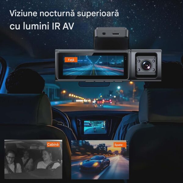 Camera Auto TRIPLA 4K UHD, Inclus Card 64GB + Kit 24 ore, Camera spate + interior 1080P Full HD, Incorporat Wi-Fi & GPS, WDR, Vedere nocturna, Inregistrare in bucla, Detectare Miscare, G-Sensor, Display 3.2 inch, 3 lentile, Negru