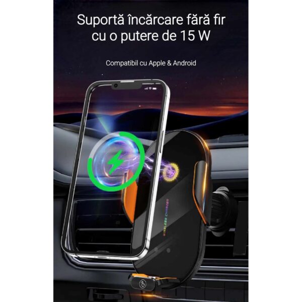 7b4bc36b-1ed7-411c-a9c3-c9c9c2f7f3e6 Suport auto pentru telefon, Incarcare wirless 15W, Senzor inflarosu, Pad din silicon, Rotire 360°, Control tactil