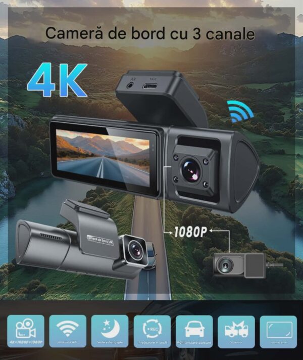 Camera Auto TRIPLA 4K UHD, Inclus Card 64GB + Kit 24 ore, Camera spate + interior 1080P Full HD, Incorporat Wi-Fi & GPS, WDR, Vedere nocturna, Inregistrare in bucla, Detectare Miscare, G-Sensor, Display 3.2 inch, 3 lentile, Negru