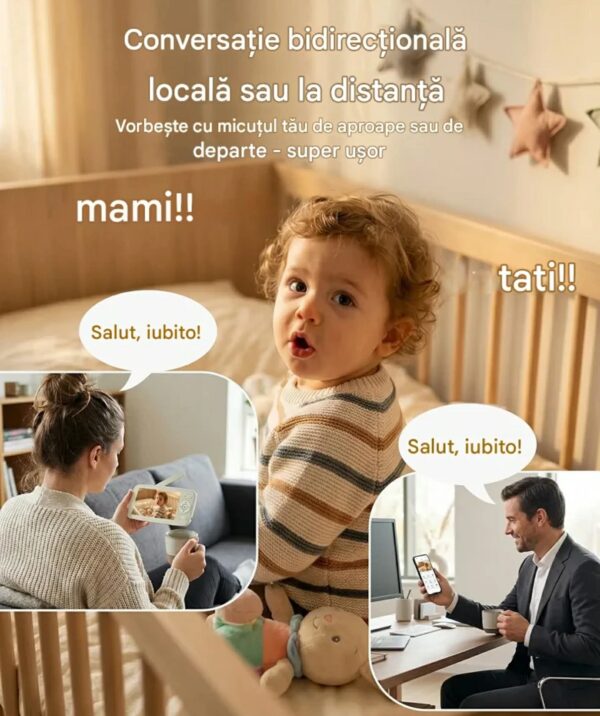 Camera Video pentru Bebelusi 2 in 1 KB11, Baby Monitor si Telefon, Detectie Miscare/Sunet,  Temperatura, Umiditate, Cantece, Cloud + SD, Senzor nocturn, LCD, Wireless, 3MP