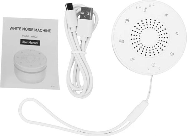 Boxa Portabila cu Sunete Albe pentru Bebelusi CerCip WN02, Baterie 30 ore, Lumina RGB 5 culori, Reîncărcabila, 30 sunete, Temporizator, Culoare alb