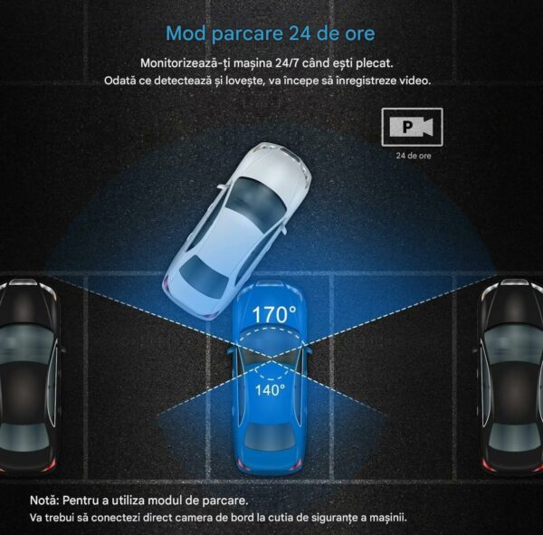 Camera Auto TRIPLA 4K UHD, Inclus Card 64GB + Kit 24 ore, Camera spate + interior 1080P Full HD, Incorporat Wi-Fi & GPS, WDR, Vedere nocturna, Inregistrare in bucla, Detectare Miscare, G-Sensor, Display 3.2 inch, 3 lentile, Negru