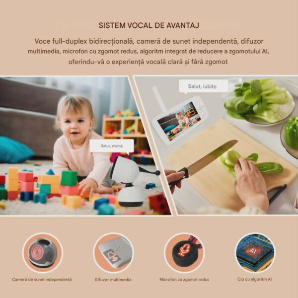 Camera Video pentru Bebelusi 2 in 1 KB11, Baby Monitor si Telefon, Detectie Miscare/Sunet,  Temperatura, Umiditate, Cantece, Cloud + SD, Senzor nocturn, LCD, Wireless, 3MP