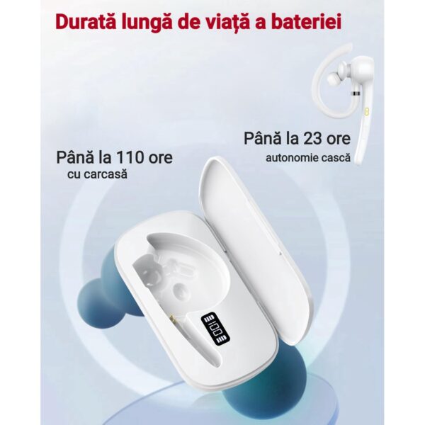 Casca Bluetooth CerCip G7, Autonomie baterie 23 ore, Anulare zgomot, Multipoint, Încărcare în carcasă, Culoare Alb