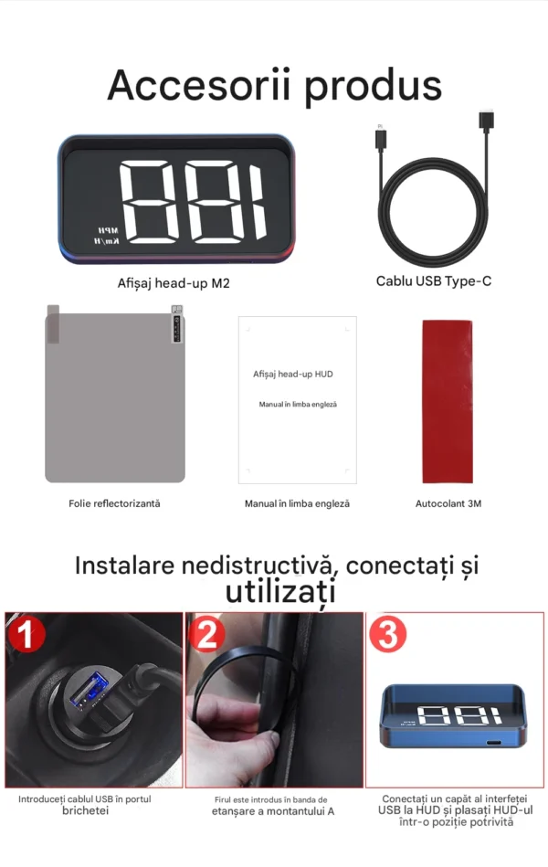 Ecran Head Up Display M2, Afisare kilometraj, Conectare la mufa USB, Universal, Afisaj digital, Alb