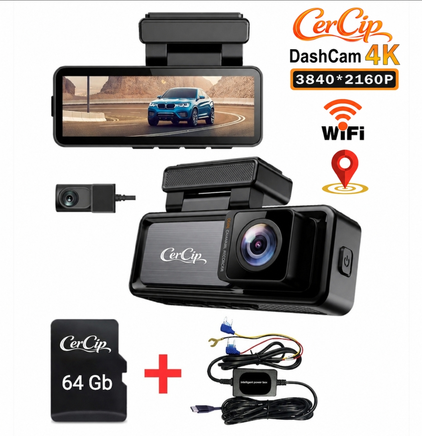 Camera Auto DVR 4K UHD dubla, Inclus Card 64GB + Kit 24 ore,  Wi-Fi & GPS, Display 3.2 inch