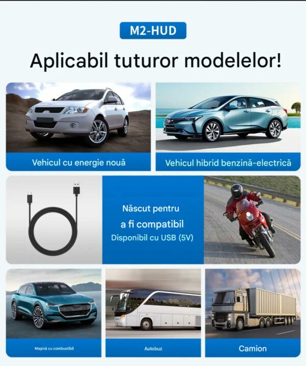 Ecran Head Up Display M2, Afisare kilometraj, Conectare la mufa USB, Universal, Afisaj digital, Alb