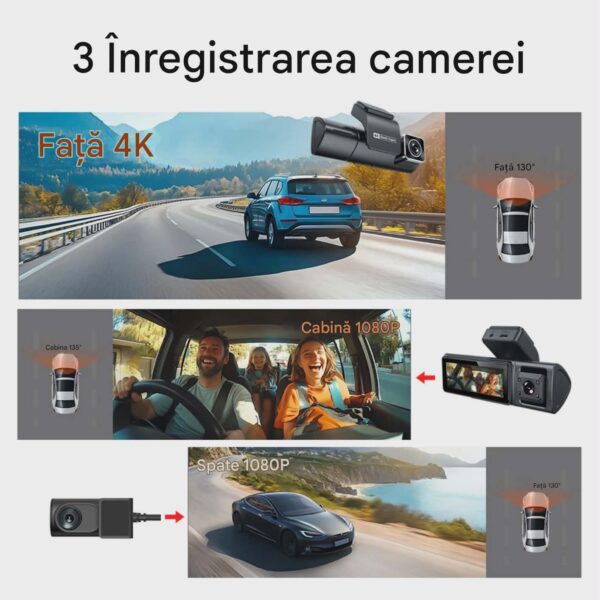 Camera Auto TRIPLA 4K UHD, Inclus Card 64GB + Kit 24 ore, Camera spate + interior 1080P Full HD, Incorporat Wi-Fi & GPS, WDR, Vedere nocturna, Inregistrare in bucla, Detectare Miscare, G-Sensor, Display 3.2 inch, 3 lentile, Negru