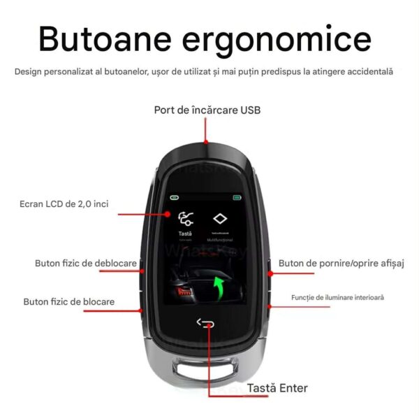 Cheie Auto Smart cu Display SK05 Argintiu, Activare Keyless Entry, 4 butoane, LCD cu touchscreen