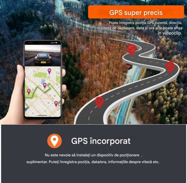 Camera Auto TRIPLA 4K UHD, Inclus Card 64GB + Kit 24 ore, Camera spate + interior 1080P Full HD, Incorporat Wi-Fi & GPS, WDR, Vedere nocturna, Inregistrare in bucla, Detectare Miscare, G-Sensor, Display 3.2 inch, 3 lentile, Negru