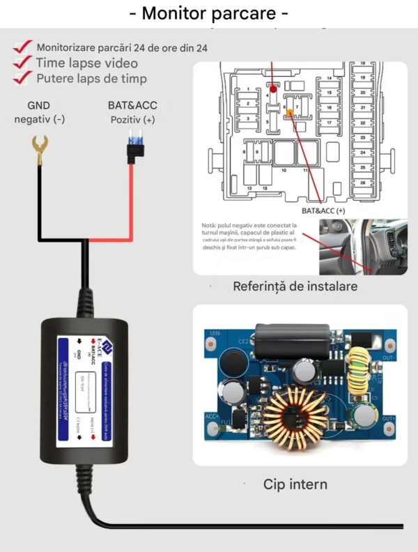 Camera Auto TRIPLA 4K UHD, Inclus Card 64GB + Kit 24 ore, Camera spate + interior 1080P Full HD, Incorporat Wi-Fi & GPS, WDR, Vedere nocturna, Inregistrare in bucla, Detectare Miscare, G-Sensor, Display 3.2 inch, 3 lentile, Negru