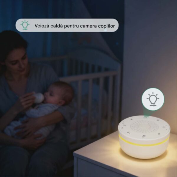 Boxa Portabila cu Sunete Albe pentru Bebelusi CerCip WN02, Baterie 30 ore, Lumina RGB 5 culori, Reîncărcabila, 30 sunete, Temporizator, Culoare alb