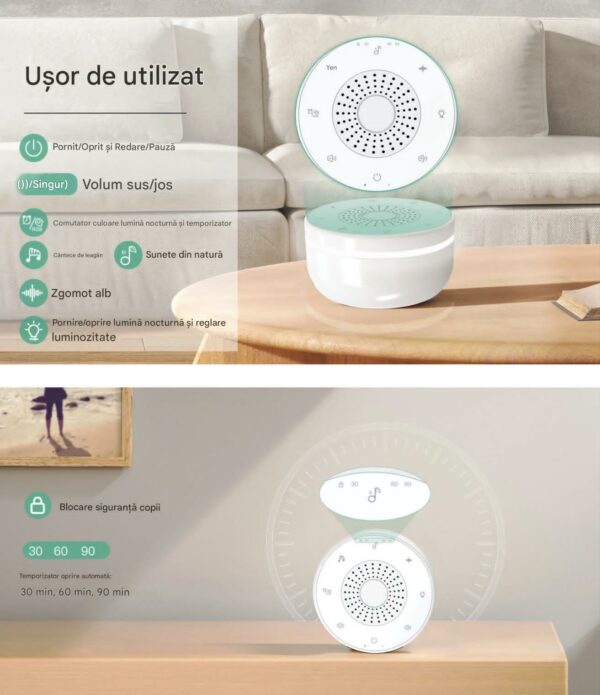 Boxa Portabila cu Sunete Albe pentru Bebelusi CerCip WN02, Baterie 30 ore, Lumina RGB 5 culori, Reîncărcabila, 30 sunete, Temporizator, Culoare alb