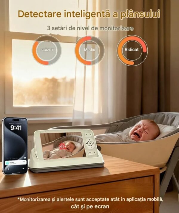 Camera Video pentru Bebelusi 2 in 1 KB11, Baby Monitor si Telefon, Detectie Miscare/Sunet,  Temperatura, Umiditate, Cantece, Cloud + SD, Senzor nocturn, LCD, Wireless, 3MP