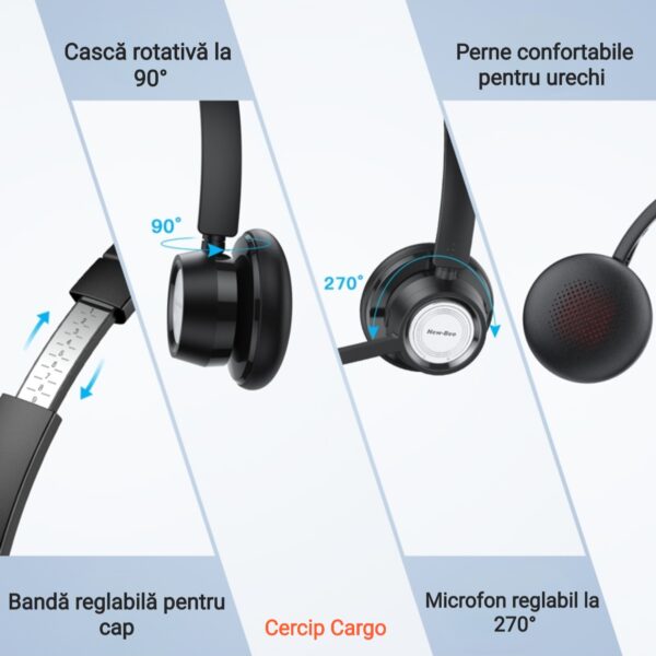 Casca Call Center New Bee BH58, Autonomie baterie 25 ore 400 mAh, Call Center, Reducere zgomot fundal AI, Sunet Stereo Hi-Fi, Multipoint, Universala, 3 moduri de conectare
