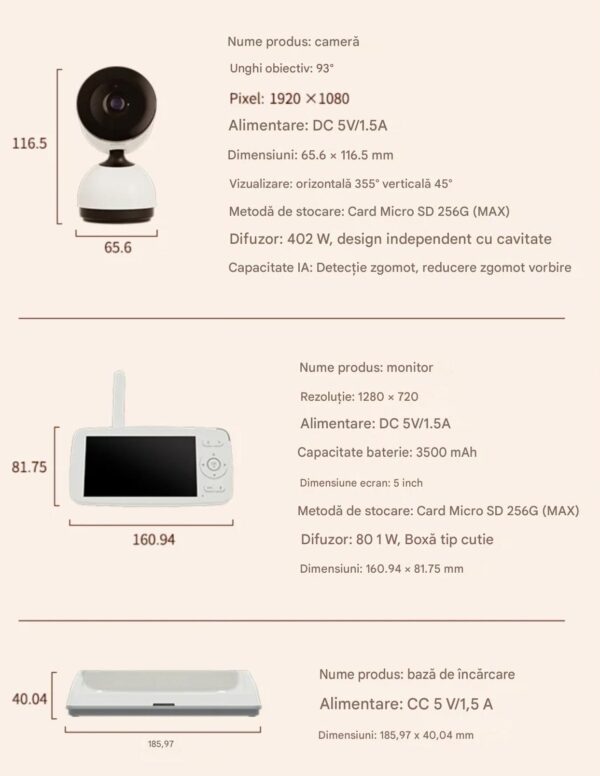 Camera Video pentru Bebelusi 2 in 1 KB11, Baby Monitor si Telefon, Detectie Miscare/Sunet,  Temperatura, Umiditate, Cantece, Cloud + SD, Senzor nocturn, LCD, Wireless, 3MP