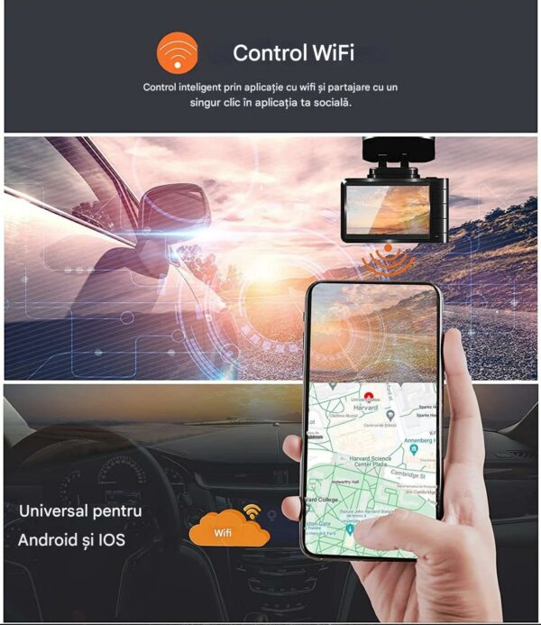 Camera Auto TRIPLA 4K UHD, Inclus Card 64GB + Kit 24 ore, Camera spate + interior 1080P Full HD, Incorporat Wi-Fi & GPS, WDR, Vedere nocturna, Inregistrare in bucla, Detectare Miscare, G-Sensor, Display 3.2 inch, 3 lentile, Negru