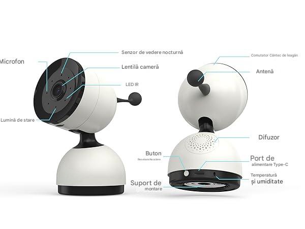 Camera Video pentru Bebelusi 2 in 1 KB11, Baby Monitor si Telefon, Detectie Miscare/Sunet,  Temperatura, Umiditate, Cantece, Cloud + SD, Senzor nocturn, LCD, Wireless, 3MP