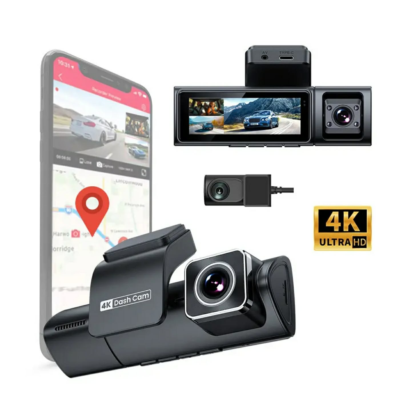 Camera Auto TRIPLA 4K UHD, Inclus Card 64GB + Kit 24 ore, Camera spate + interior 1080P Full HD, Incorporat Wi-Fi & GPS, WDR, Vedere nocturna, Inregistrare in bucla, Detectare Miscare, G-Sensor, Display 3.2 inch, 3 lentile, Negru
