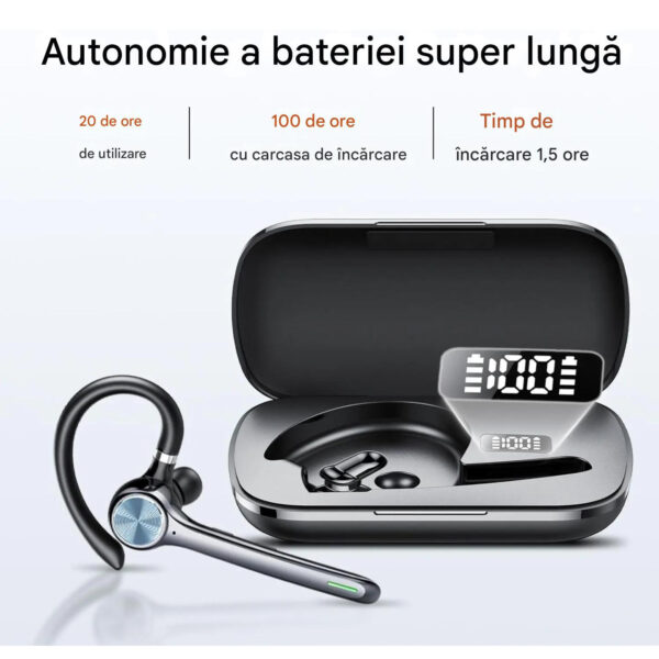 Casca Bluetooth CerCip G7, Autonomie baterie 23 ore, Anulare zgomot, Multipoint, Încărcare în carcasă, Culoare Negru