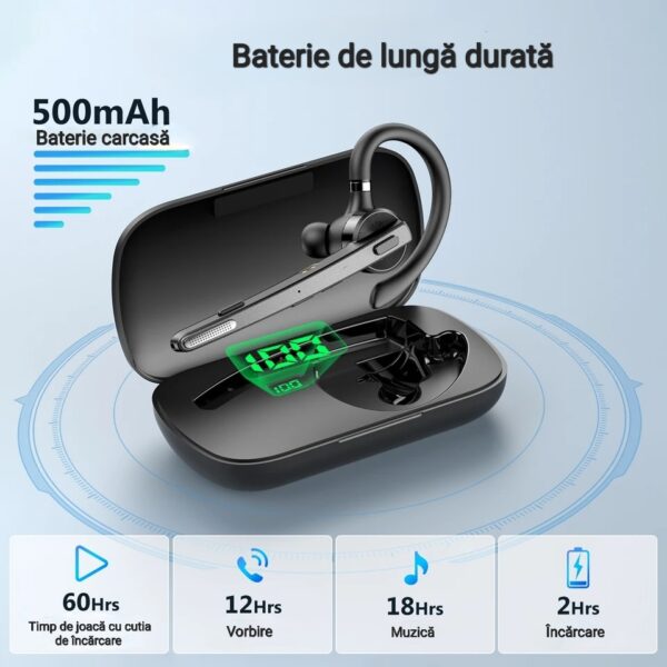 Casca Bluetooth CerCip G9, Bluetooth 5.1, Anulare zgomot, Cu carcasa de incarcare, Sunet HD, Multipoint, Autonomie baterie 60 ore, 15m, 13.6 grame, Buton mute