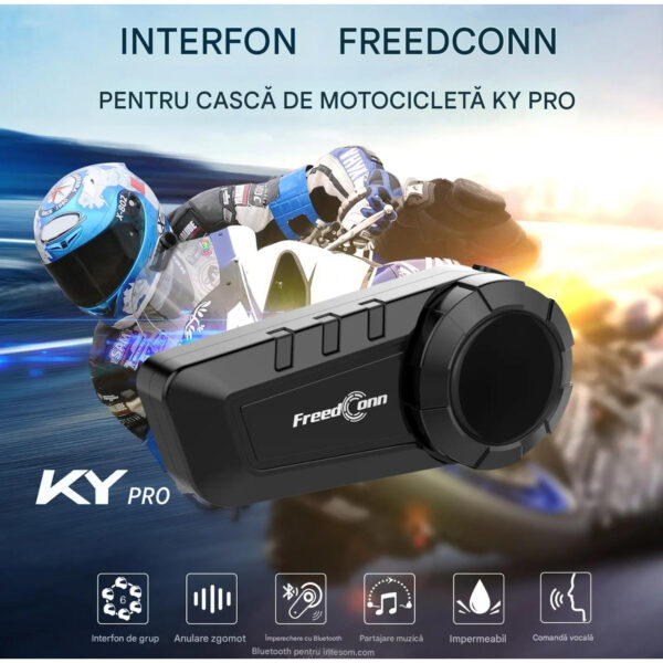 Casca Bluetooth pentru MOTO, FreedConn KY PRO, Intercom pentru 6 persoane 1200m, Autonomie baterie 11 ore, Anulare zgomot, Rezistenta apa IP65, Multipoint, Comanda vocala, Walkie-Talkie, Radio FM, Partajare muzica, Raspuns automat