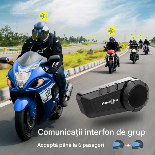 Casca Bluetooth pentru MOTO, FreedConn KY PRO, Intercom pentru 6 persoane 1200m, Autonomie baterie 11 ore, Anulare zgomot, Rezistenta apa IP65, Multipoint, Comanda vocala, Walkie-Talkie, Radio FM, Partajare muzica, Raspuns automat