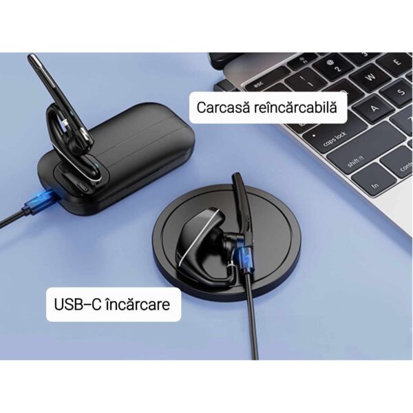 Casca Bluetooth CerCip A6L, Autonomie baterie 25 ore, Carcasa de incarcare, Anulare zgomot, Multipoint
