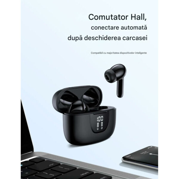 Casti Wireless TWS CerCip S42 cu izolare a zgomotului ENC+ANC, Autonomie 40 ore, Control prin Touch, Universale, Culoare Alb