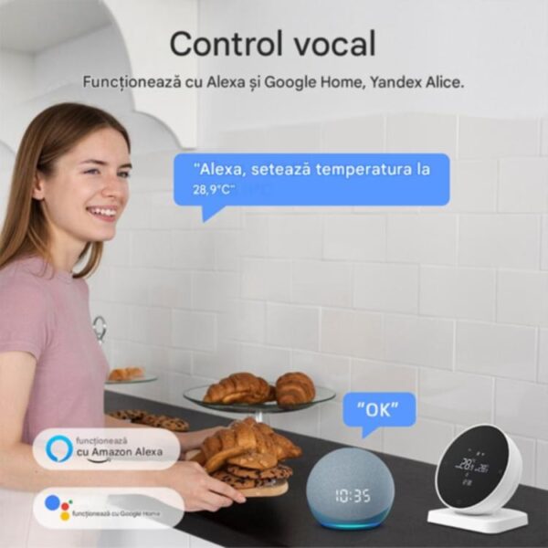 Termostat Wireless pentru Centrale Termice si Incalzire Pardoseala, Wifi, Control din aplicatia Tuya, Universal, Programabil, Receiver inclus, Touchscreen, Control vocal, Alimentare prin USB C sau baterii AA, Alb