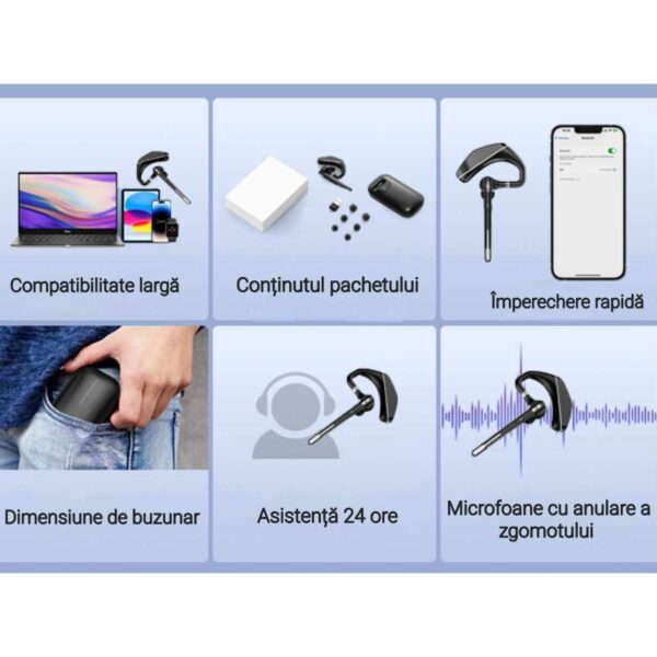 Casca Bluetooth CerCip A6L, Autonomie baterie 25 ore, Carcasa de incarcare, Anulare zgomot, Multipoint