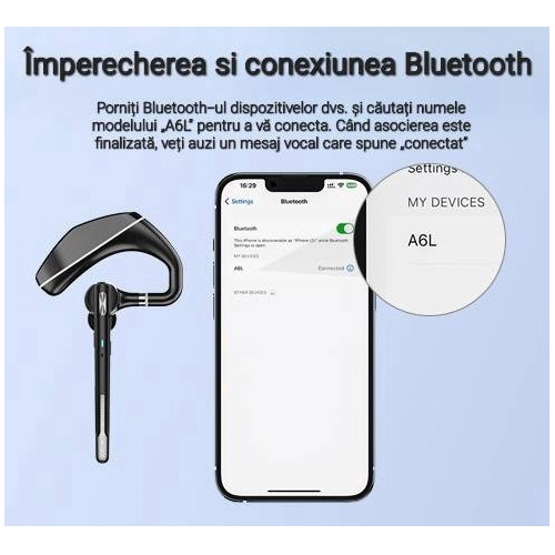 Casca Bluetooth CerCip A6L, Autonomie baterie 25 ore, Carcasa de incarcare, Anulare zgomot, Multipoint