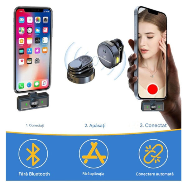 Microfoane Lavaliera Wireless Q8, Autonomie baterie 40 ore, Reducere zgomot exterior, Iphone & Android