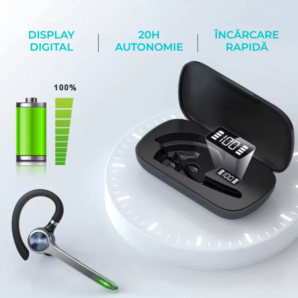 Casca Bluetooth CerCip G7, Autonomie baterie 23 ore, Anulare zgomot, Multipoint, Încărcare în carcasă, Culoare Negru