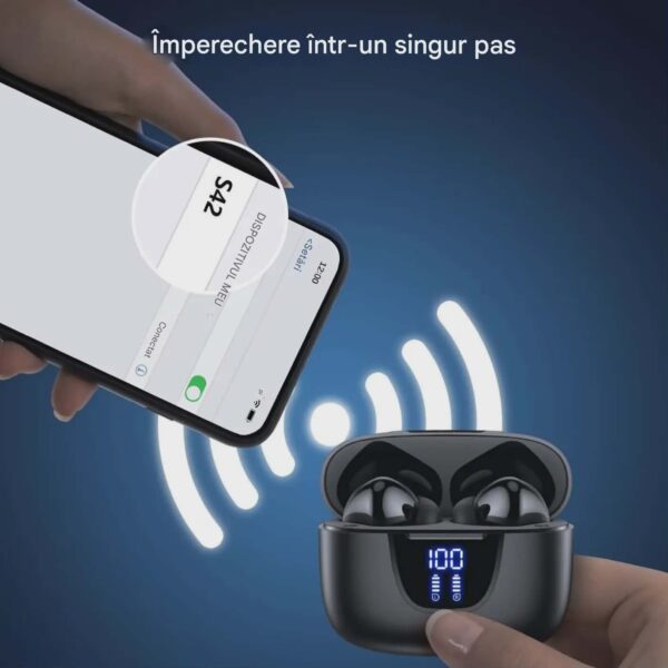 Casti Wireless TWS CerCip S42 cu izolare a zgomotului ENC+ANC, Autonomie 40 ore, Control prin Touch, Universale, Culoare Alb