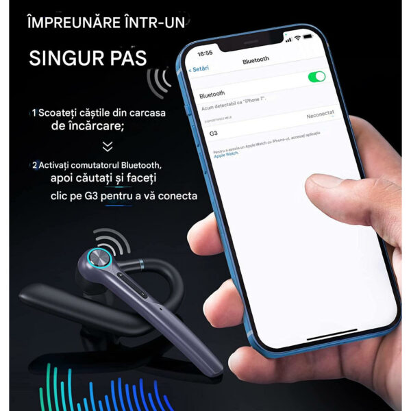 res_9825d52bb054b18c2df710c05678e444 Casca Bluetooth CerCip G3, Autonomie baterie 15 ore, Cu carcasa de încarcare, Eliminare Zgomot, Universală, Negru