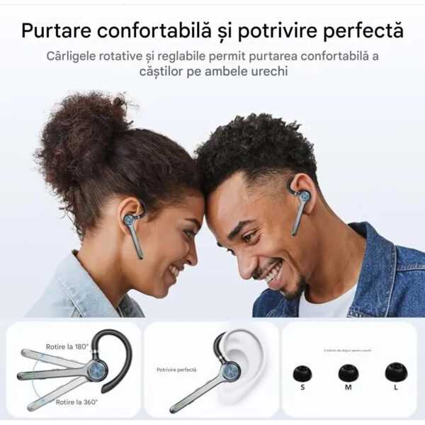Casca Bluetooth CerCip G7, Autonomie baterie 23 ore, Anulare zgomot, Multipoint, Încărcare în carcasă, Culoare Negru