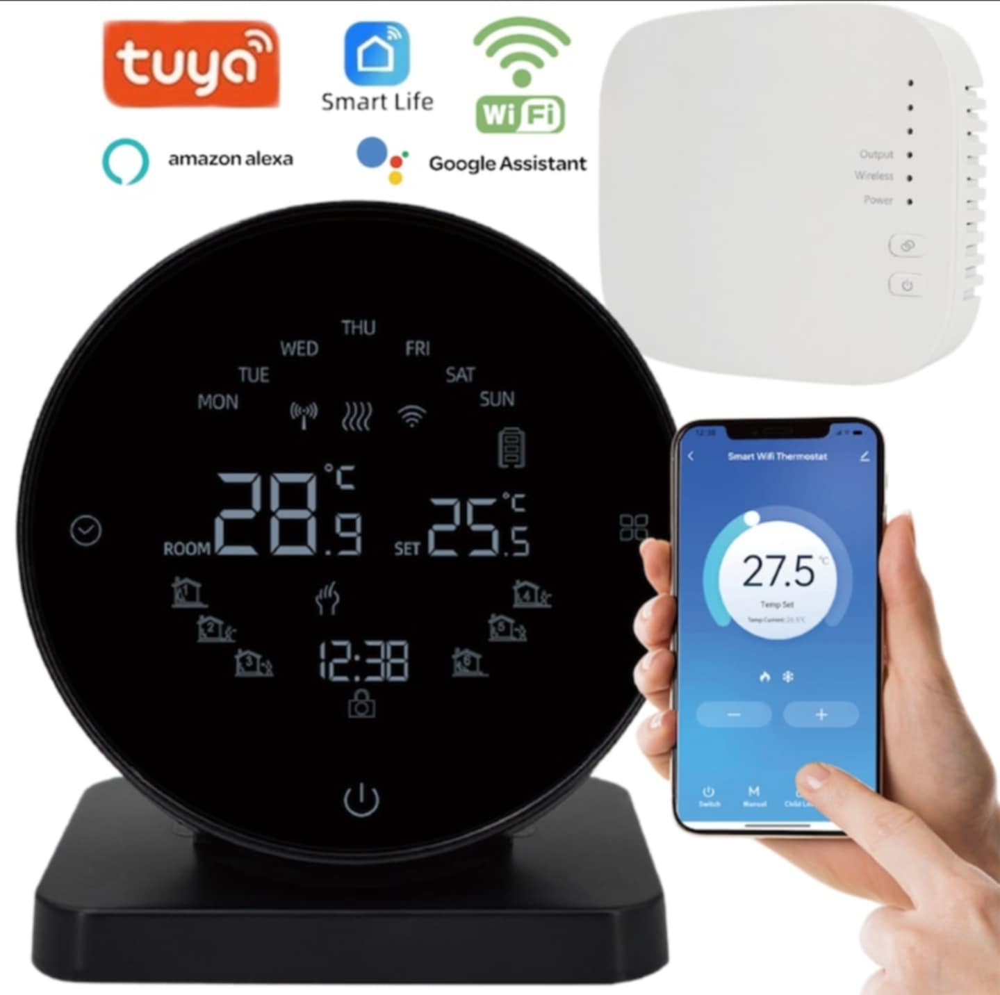 Termostat Wireless pentru Centrale Termice si Incalzire Pardoseala, Wifi, Control din aplicatia Tuya, Universal, Programabil, Receiver inclus, Touchscreen, Control vocal, Alimentare prin USB C sau baterii AA, Negru