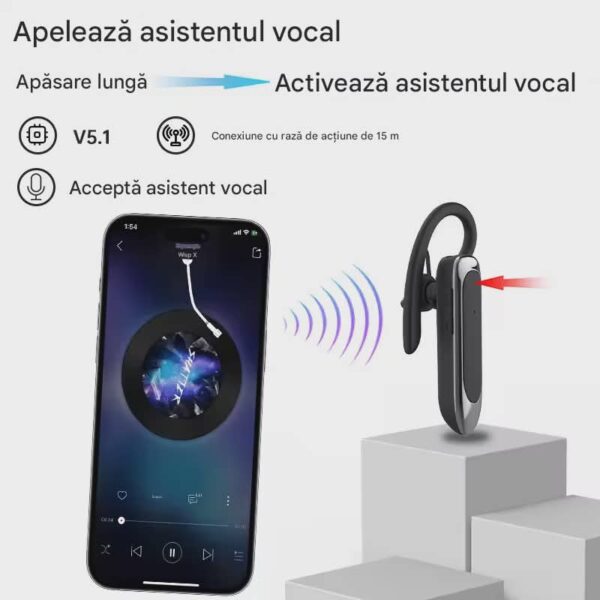 Casca Bluetooth CerCip B48, Autonomie baterie 24 ore, Bluetooth 5.1, Anulare zgomot, Sunet HD, Doua microfoane, Multipoint, Buton mute