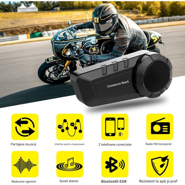 Casca Bluetooth pentru MOTO, FreedConn KY PRO, Intercom pentru 6 persoane 1200m, Autonomie baterie 11 ore, Anulare zgomot, Rezistenta apa IP65, Multipoint, Comanda vocala, Walkie-Talkie, Radio FM, Partajare muzica, Raspuns automat