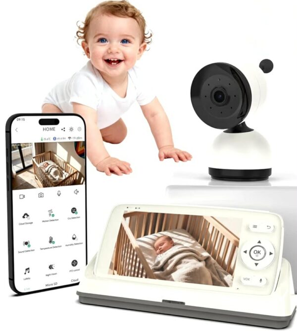 Camera Video pentru Bebelusi 2 in 1 KB11, Baby Monitor si Telefon, Detectie Miscare/Sunet,  Temperatura, Umiditate, Cantece, Cloud + SD, Senzor nocturn, LCD, Wireless, 3MP