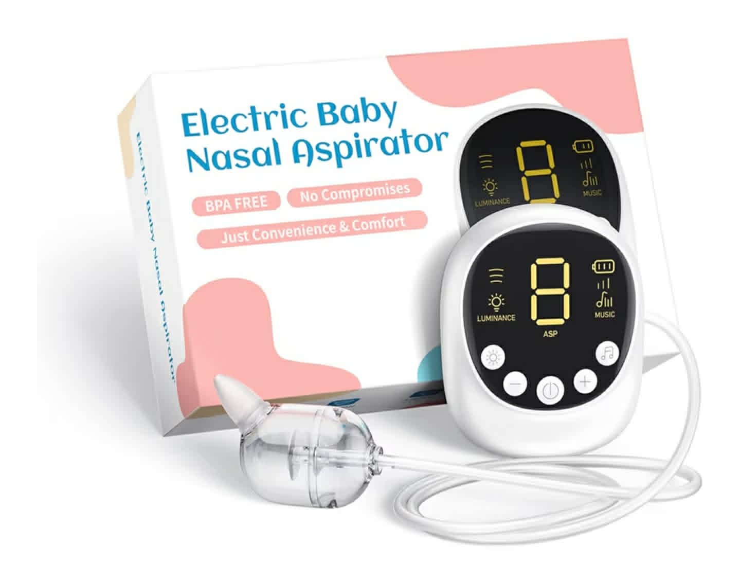 Aspirator Nazal Electric pentru Bebelusi BC030, Portabil, Baterie 2500 mAh, 9 niveluri de aspiratie, Curatare rapida, Cantec leagan, Lumina veghe, Putere 65-70 Kpa, Reincarcabil